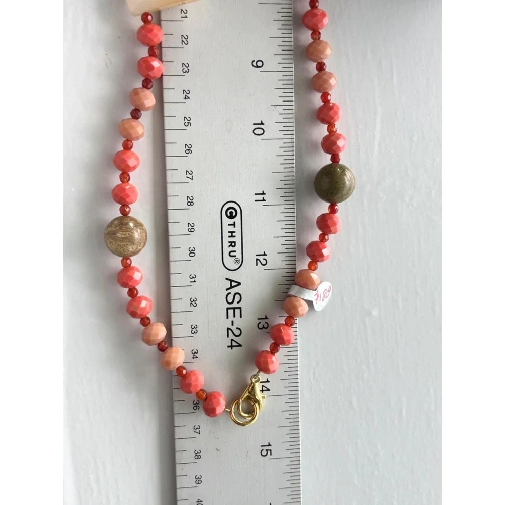 Handmade Red Beige Beaded Necklace With Faceted Beads & Gold Clasp